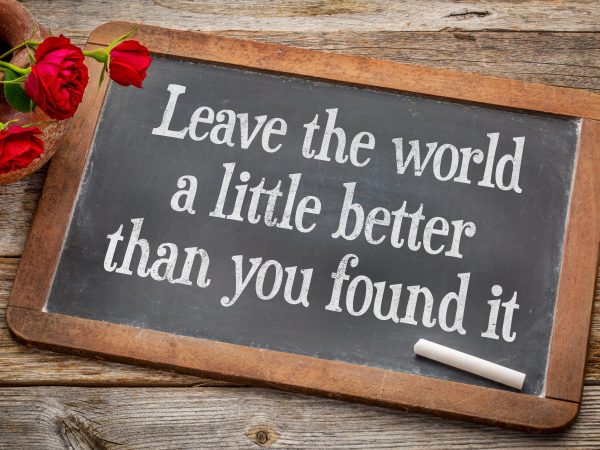 Leave the world a little better than you found it - life purpose and meaning concept  - white chalk text on a vintage slate blackboard with red roses against rustic wood